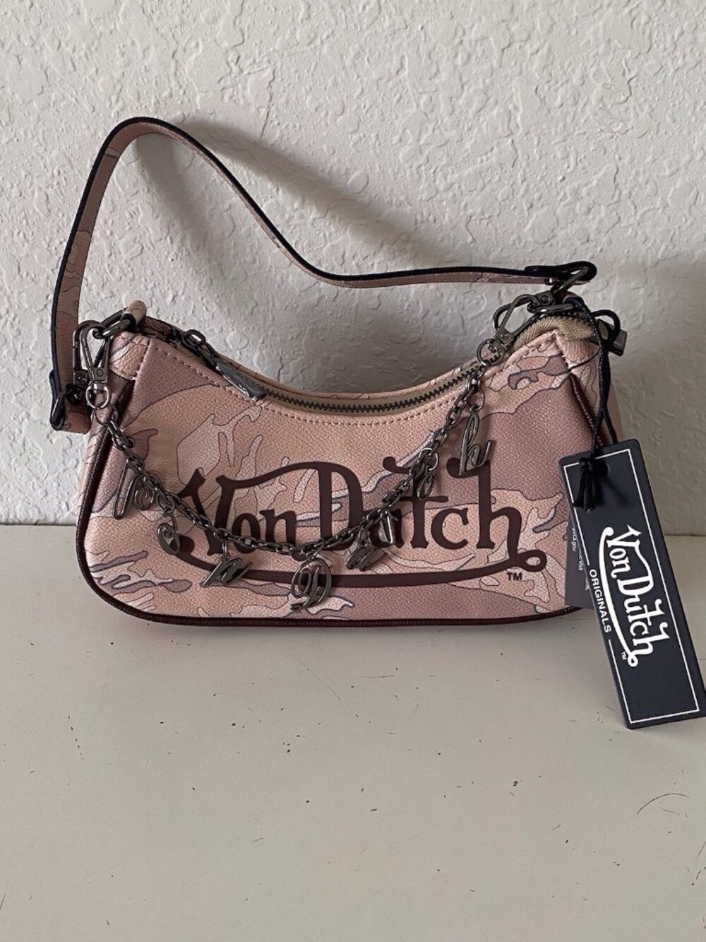 Von Dutch Shoulder Bag Desert Camo Print W/Charms Logo Purse NEW